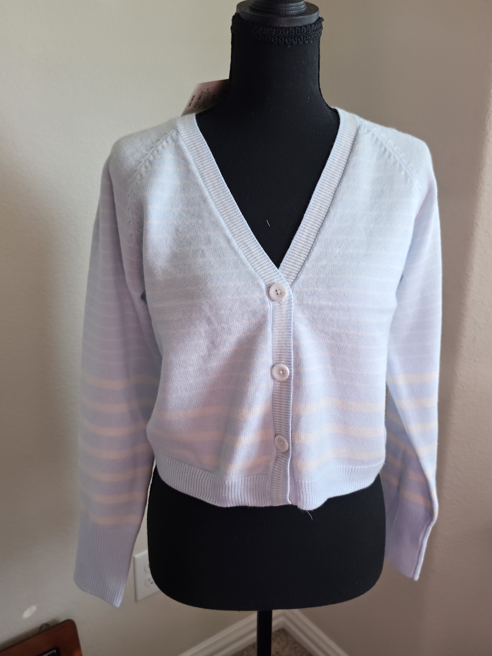 a new day Pale Blue & Cream Striped V-Neck Cardigan NWT XS